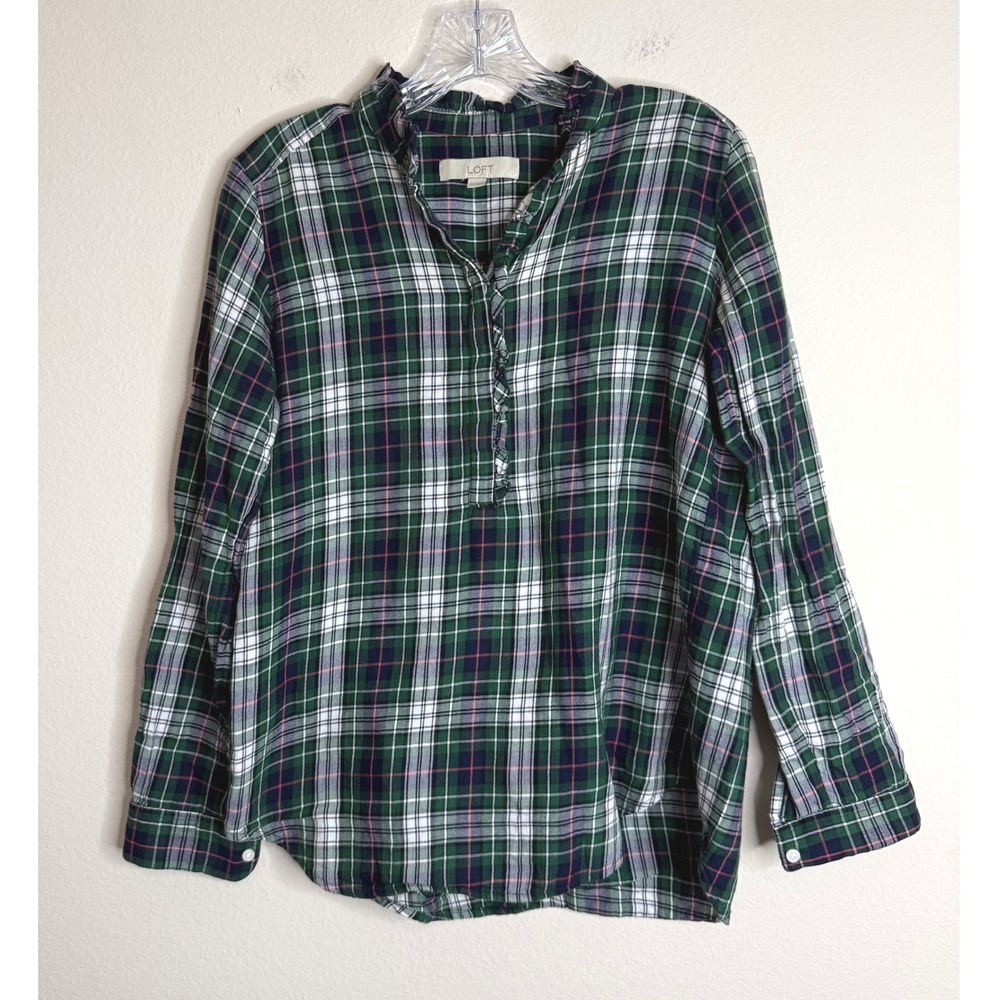 LOFT Blouse Womens XS Green Plaid Ruffle Neck Henley Long Sleeve Cotton Top